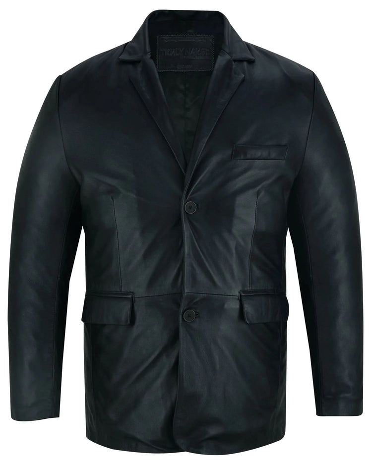 Retro Trim Men's Black Sheep Skin Leather Blazer