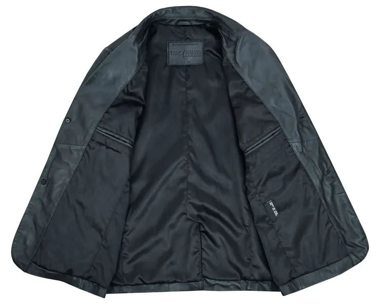 Retro Trim Men's Black Sheep Skin Leather Blazer