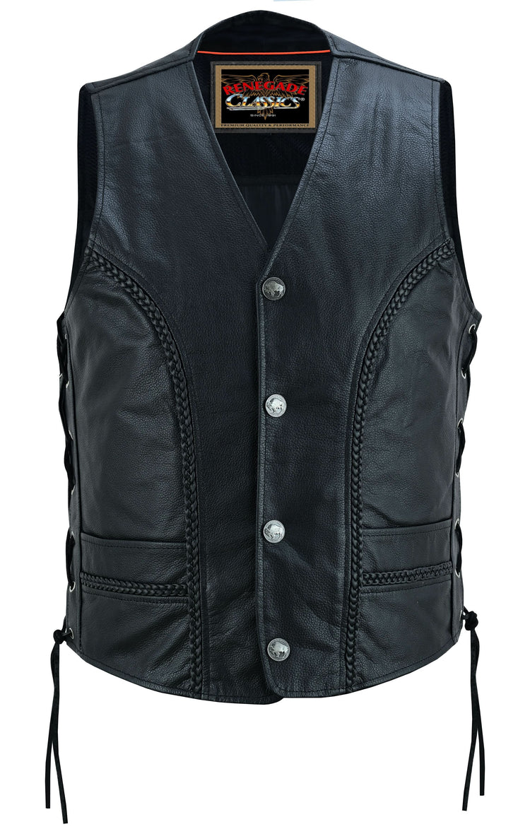 Charlie Men's Black Braided Leather Motorcycle Vest & Lace-Up Sides