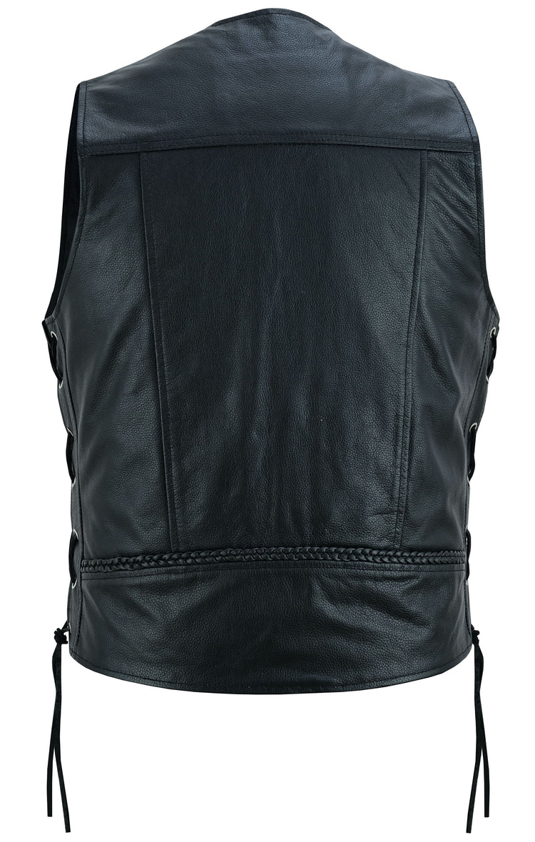 Charlie Men's Black Braided Leather Motorcycle Vest & Lace-Up Sides