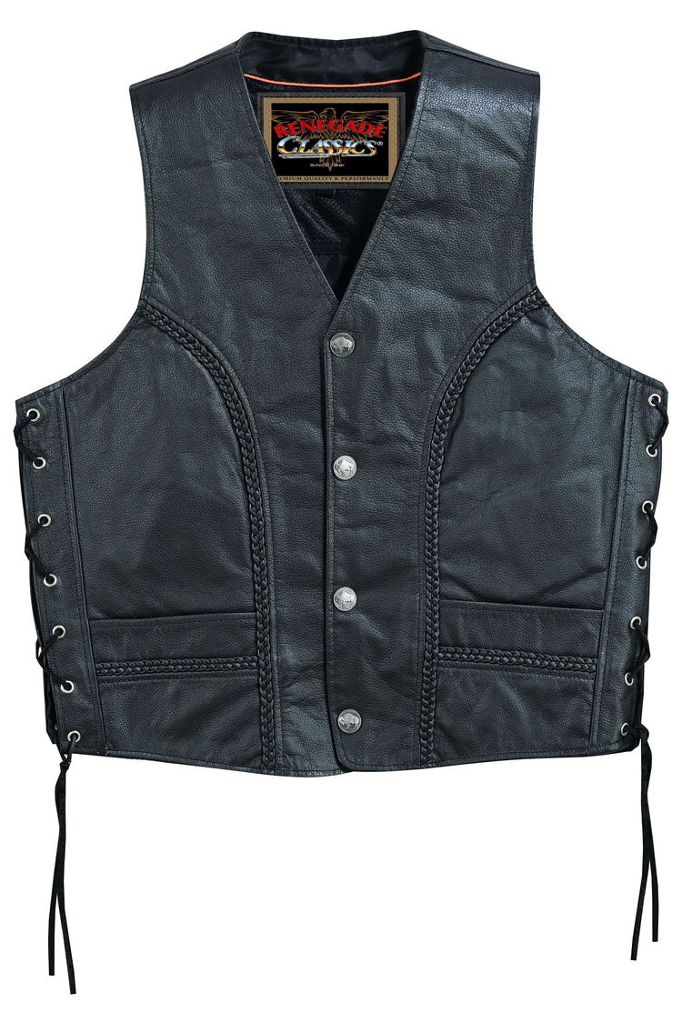 Charlie Men's Black Braided Leather Motorcycle Vest & Lace-Up Sides