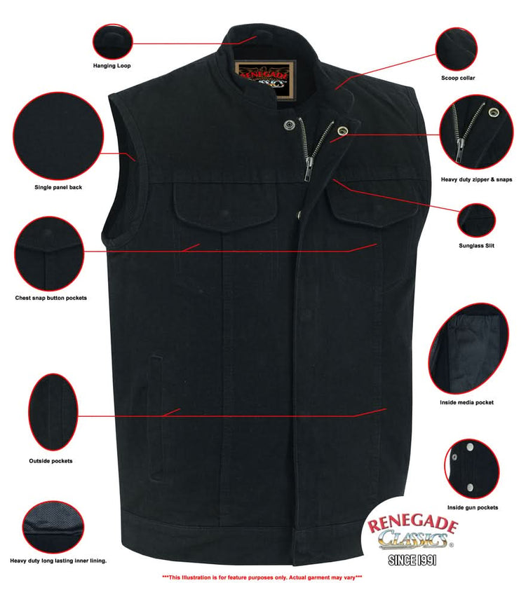 Weston Black Men's Denim Motorcycle Vest – Single Panel Back