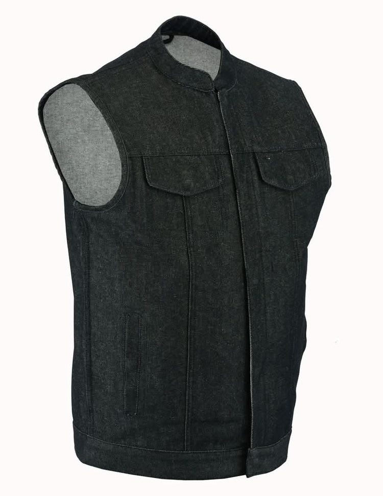 Men's Rough Rub-Off Raw Finish Motorcycle Denim Vest - Black