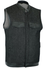 Men's Upgraded Rough Rub-Off Denim Motorcycle Vest w/Leather Trim