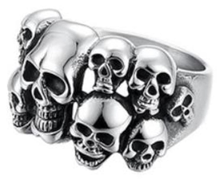 R12 Stainless Steel Multi-Skull Face Biker Ring