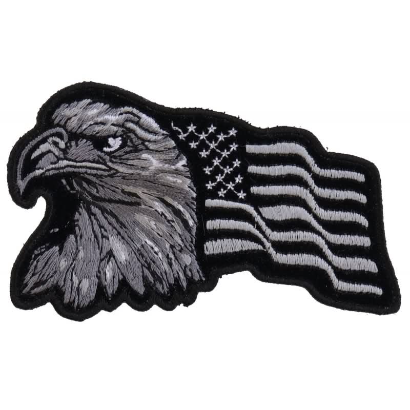 P396 Eagle With Waving Flag Black Silver Patriotic Iron on Patch