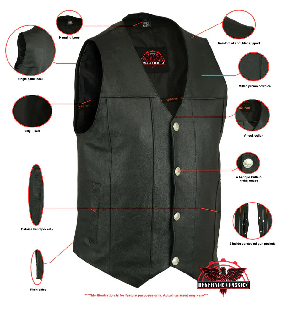Men's Milled Single Back Panel Leather  Vest - Black
