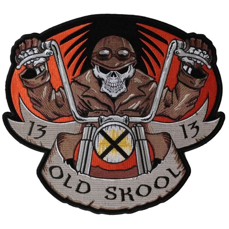 PL637 Old Skool Motorcycle Skull Embroidered Iron on Biker Patch