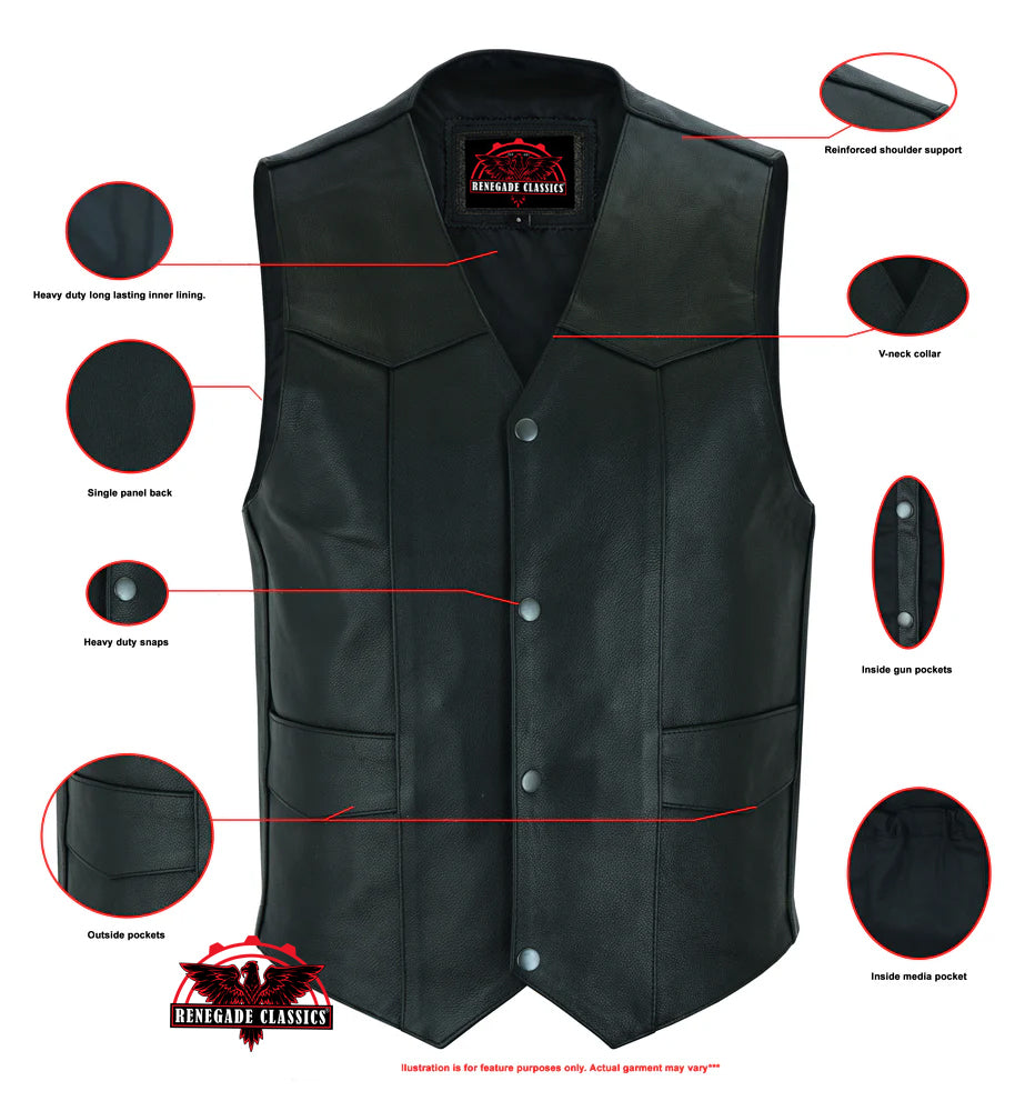 Men's Traditional Leather Motorcycle Vest - Black