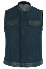Women's Broken Blue Rough Rub-Off Raw Finish Denim Vest W/Leath