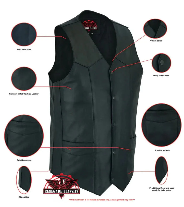 Men's Tall Classic Motorcycle Leather Vest - Black