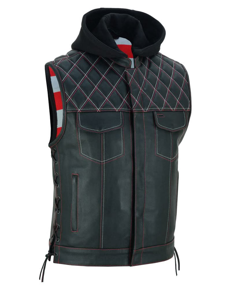 Men's Road Edge Leather Black Vest – Removable Hood