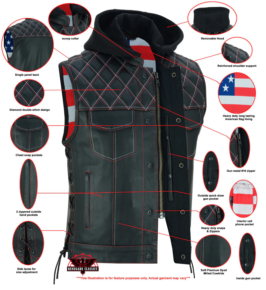 Men's Road Edge Leather Black Vest – Removable Hood