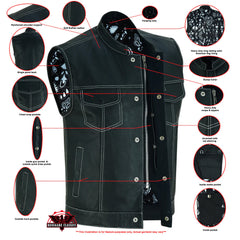 Men's Paisley Black Leather Motorcycle Vest with White Stitching