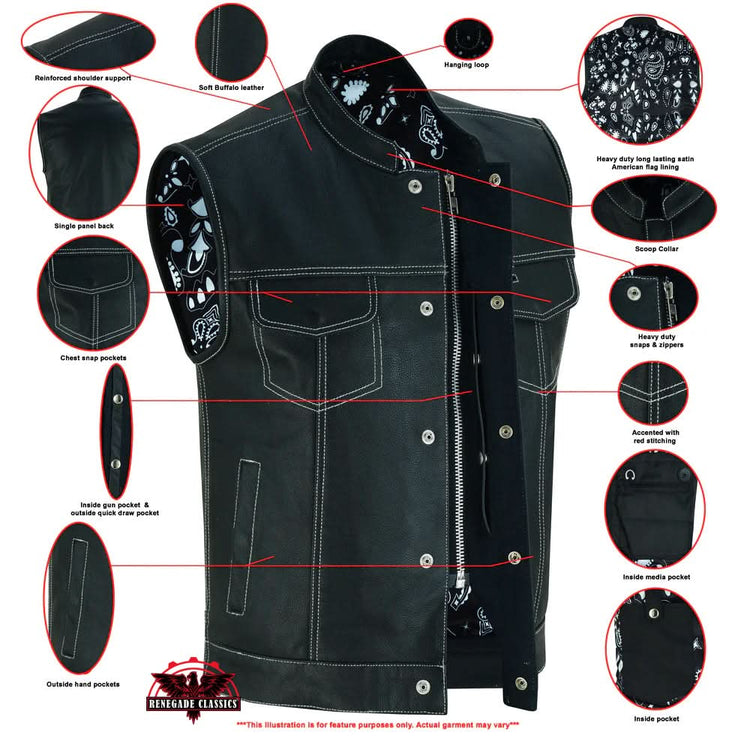 Men's Paisley Black Leather Motorcycle Vest with White Stitching