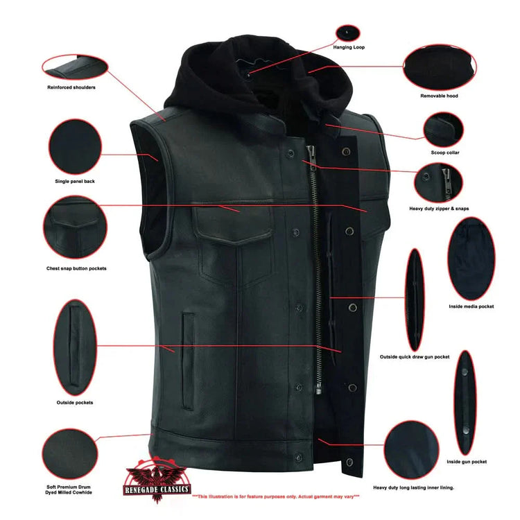 Men's Black Leather Motorcycle Vest with Removable Hood