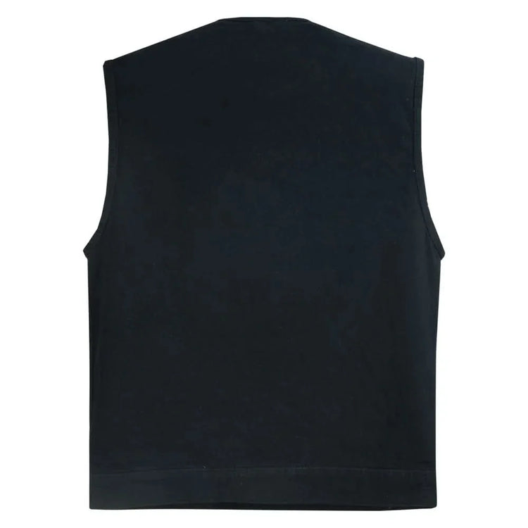 Mens Black Denim Motorcycle Vest with Concealed Snaps & Zipper