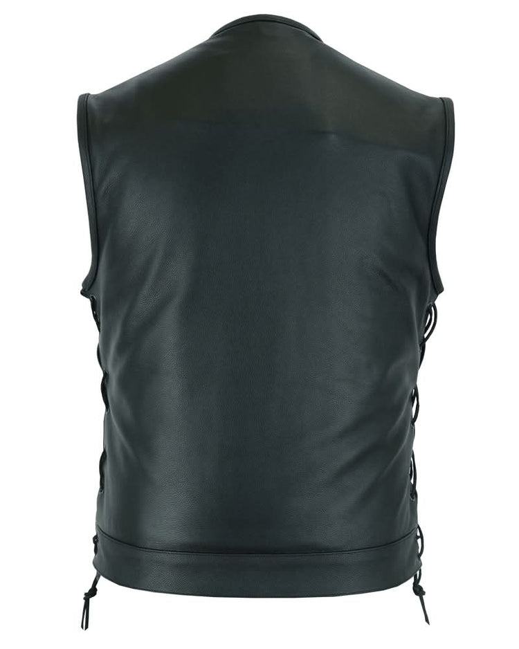 Men's Combat Black motorcycle Leather Vest - Gun Pockets & Side Laces