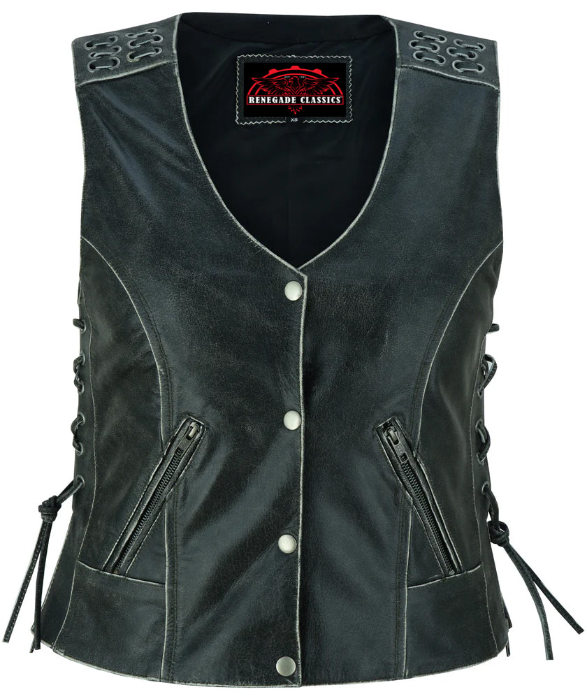 Women's Gray Vest with Grommet and Lacing Accents
