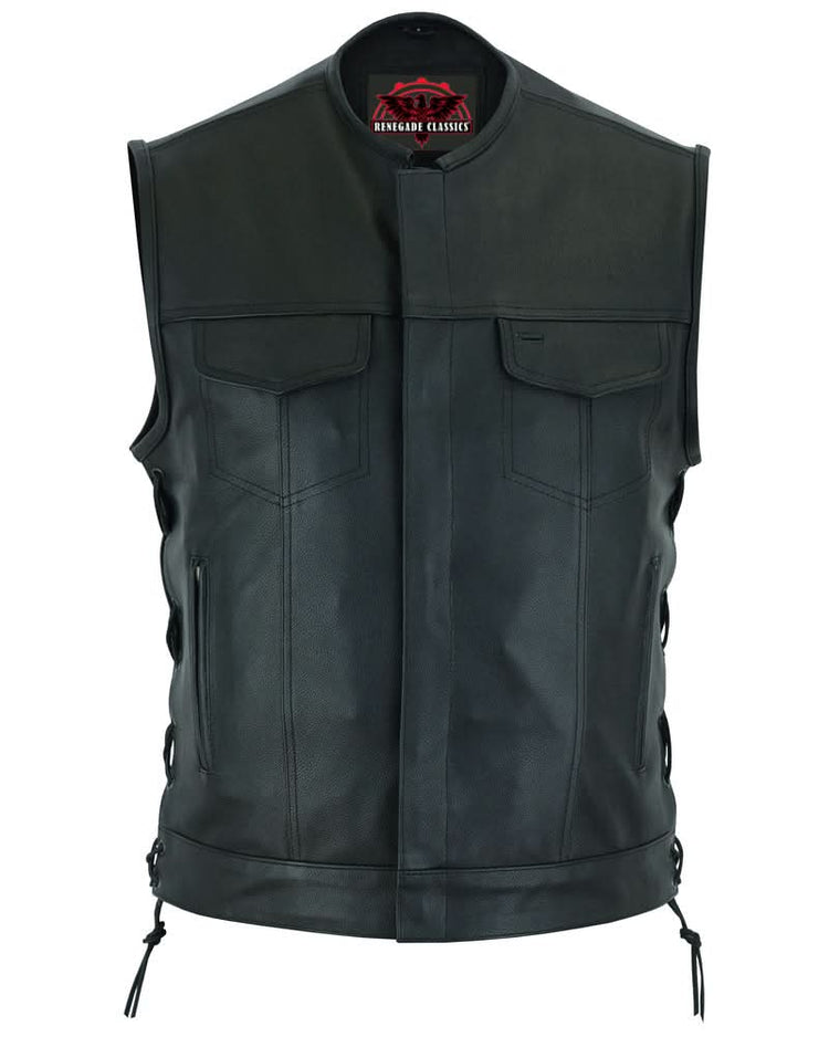 Men's Combat Black motorcycle Leather Vest - Gun Pockets & Side Laces