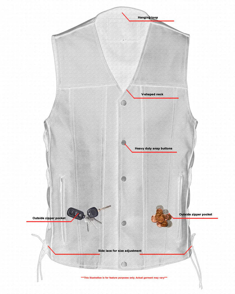 Men's Tall Classic Tapered Bottom Biker Leather Vest- Black