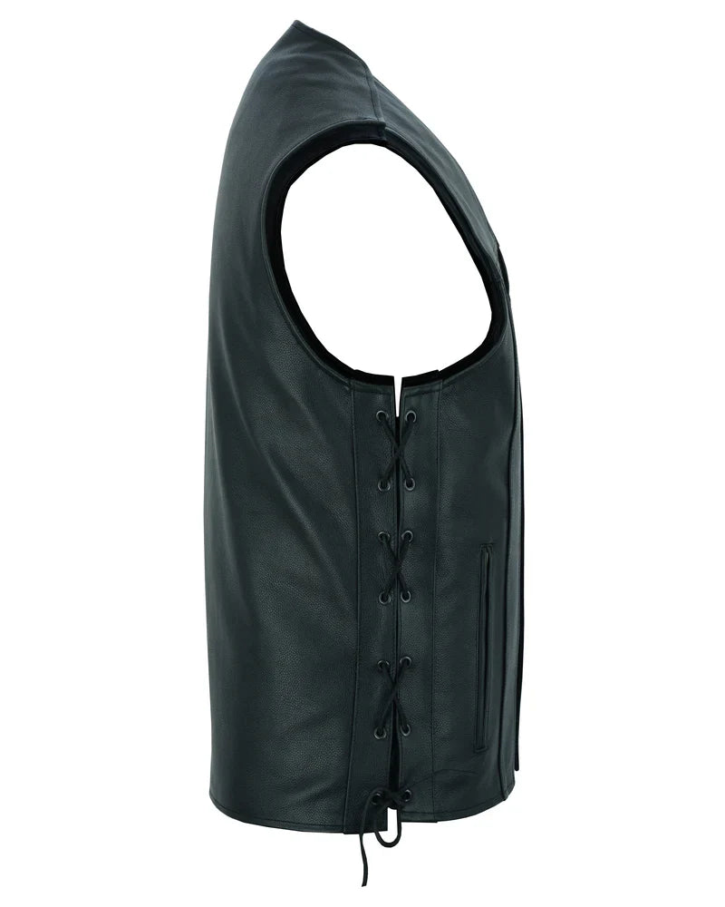Men's Tall Classic Tapered Bottom Biker Leather Vest- Black
