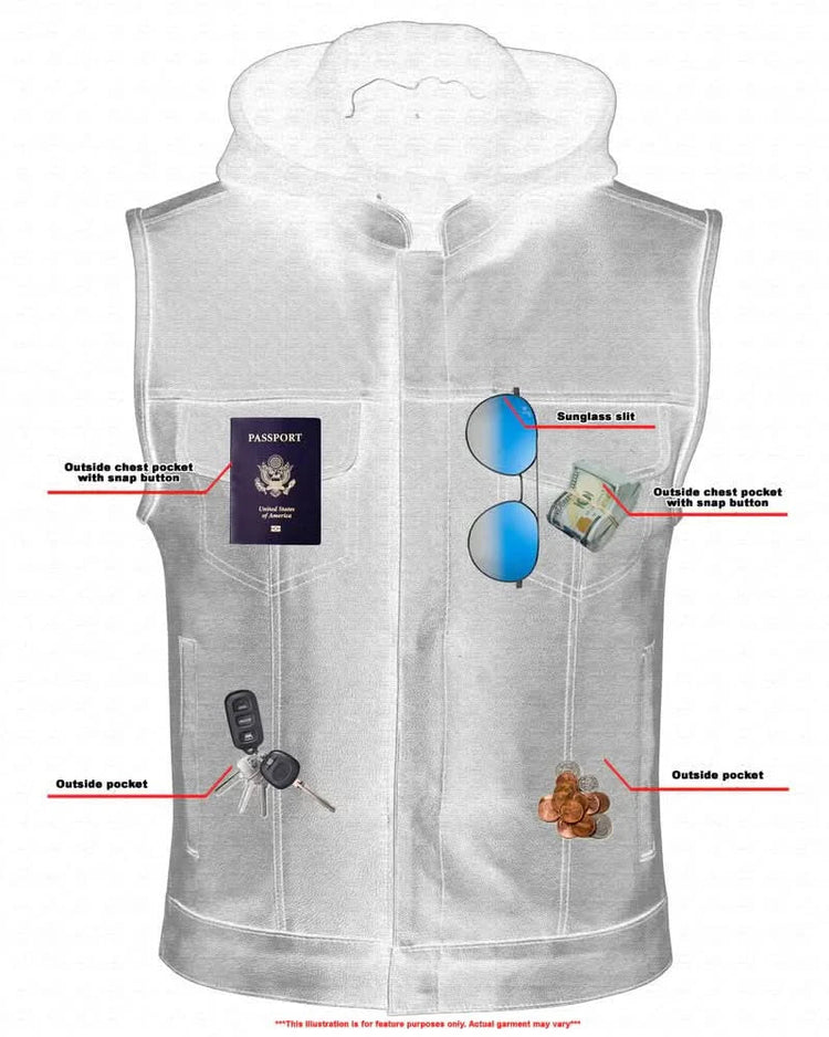 Men's Black Leather Motorcycle Vest with Removable Hood