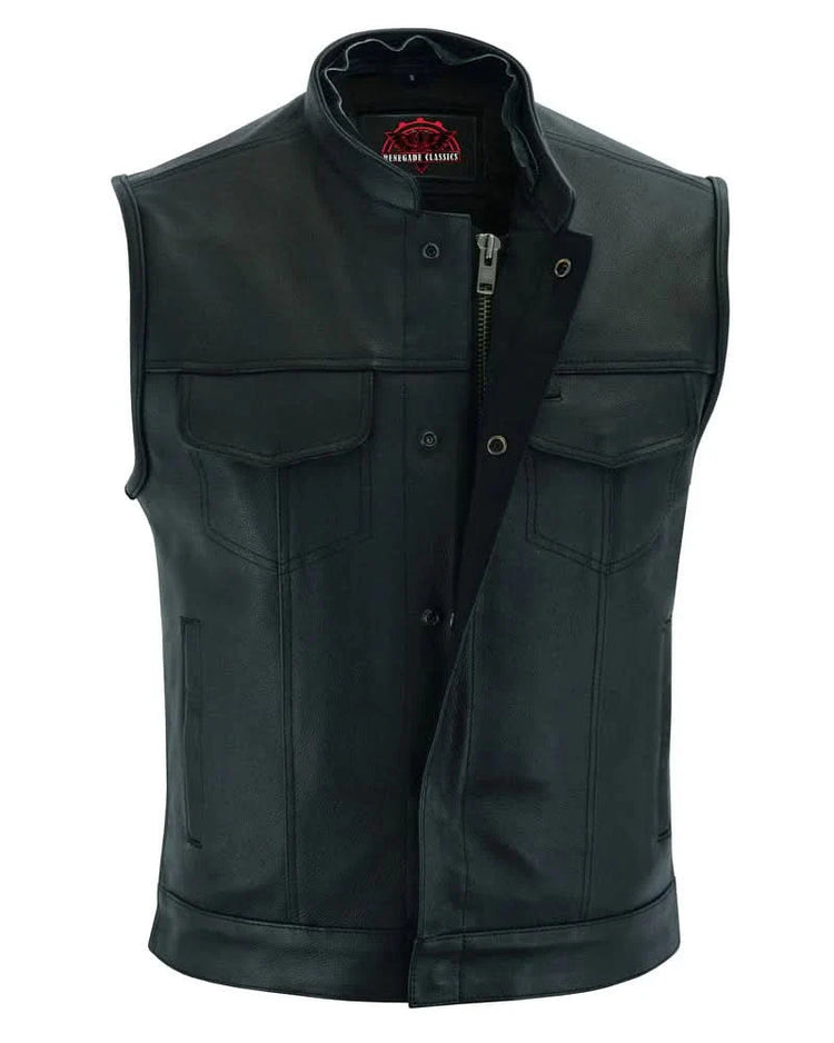 Men's Black Leather Motorcycle Vest with Removable Hood